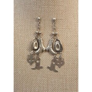Long‎ Vintage Sterling Silver Southwestern Cowboy Boots Hat Fox Earrings
